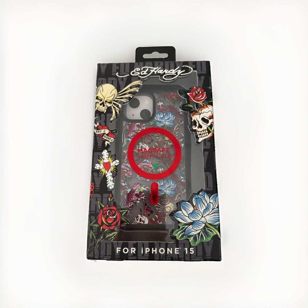 Ed Hardy Phone Case IPHONE 15 Skull Butterfly Flowers Y2K Tattoo MagSafe New